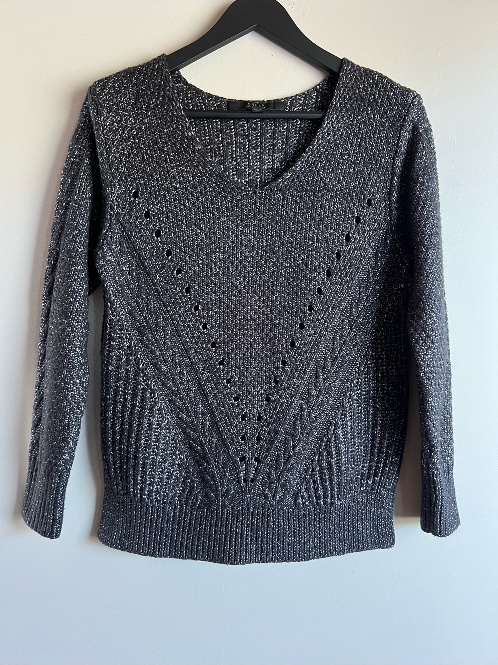 GUESS Los Angeles Metallic Knit Sweater Women Small Charcoal Silver Long Sleeve